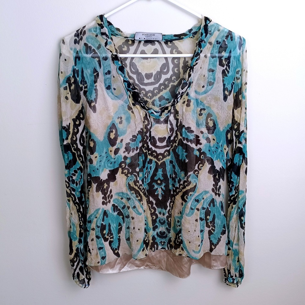 Elie Tahari Blouse Womens Medium Teal Paisley Silk Blend Excellent Ruffle Trim